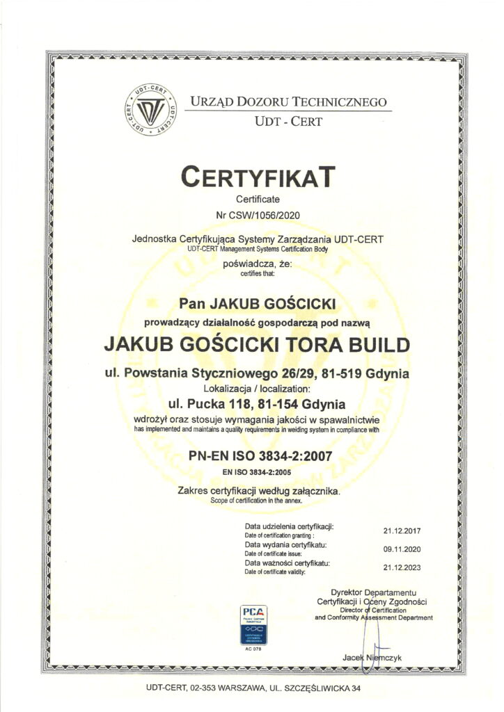 Certyfikat 3834 Tora Build